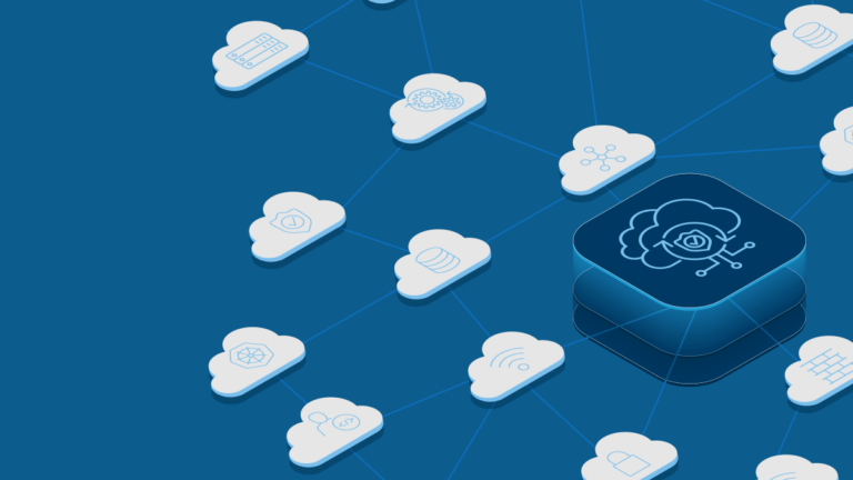 Blue graphic showing white cloud symbols to represent F5 Distributed Cloud cyber security solution