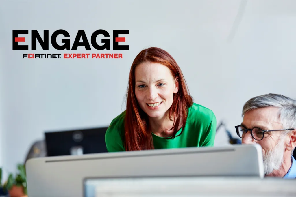 Fortinet Engage partner logo with image of people working on computer screens